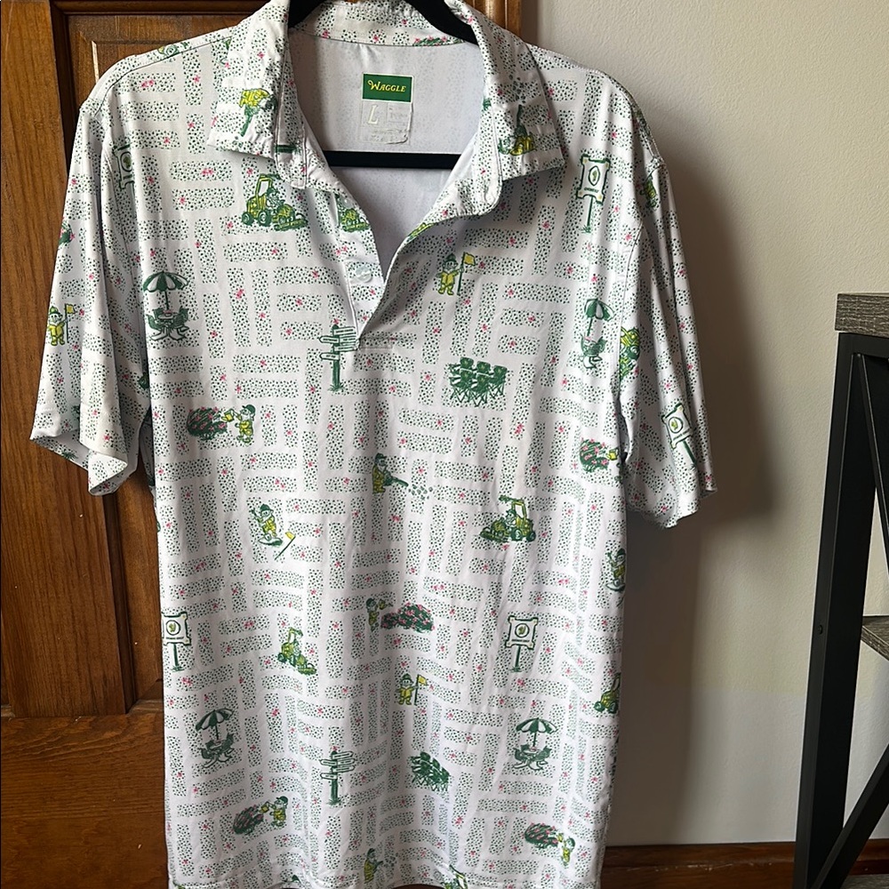 White and Green Polo Shirt with Palm Tree Pattern Waggle Masters Azalea